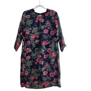Vintage Silk Chiffon Tunic / Swim Cover Up Blue Pink Floral Sparkly Sweetheart L